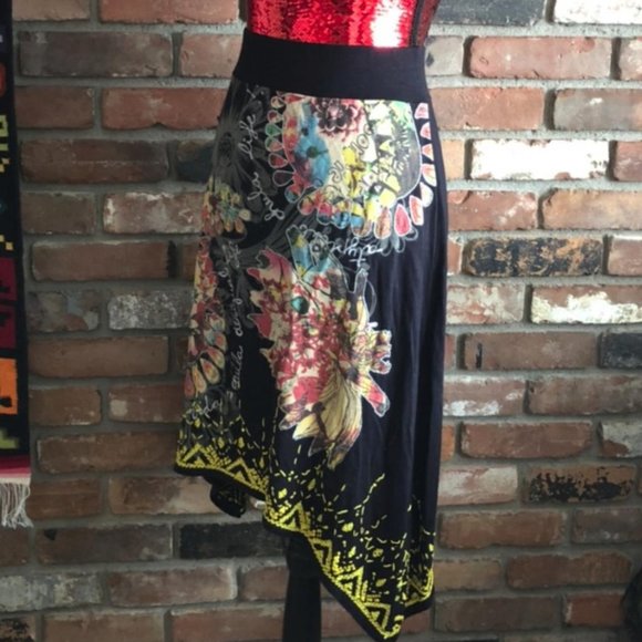 Desigual Embroider Mandala Pasley Floral Asymmetric Cotton Skirt M - Picture 2 of 3